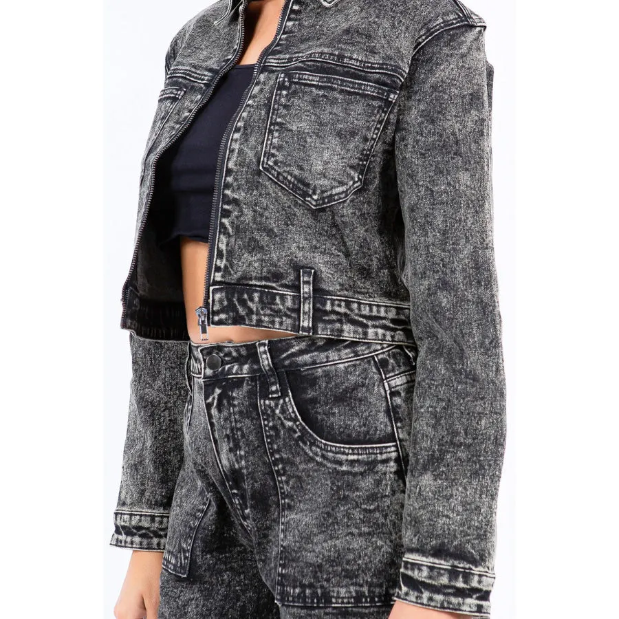 American Bazi Overdyed Bleached Zip Up Cropped Jacket