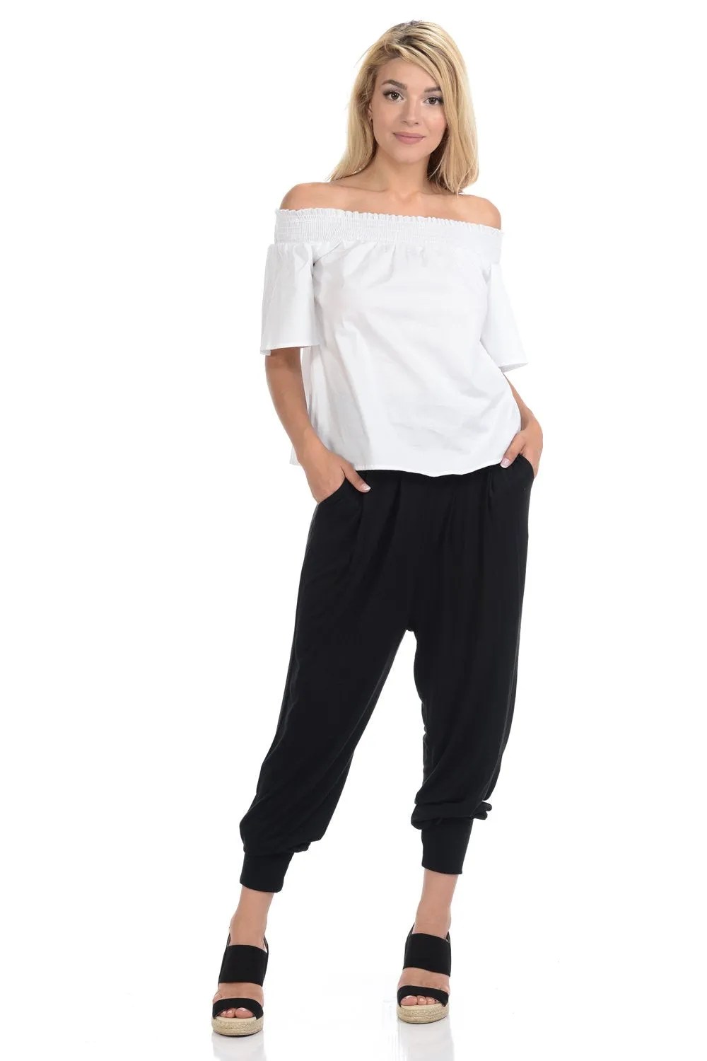 Banded Waist Harem Jogger Pants with Pockets