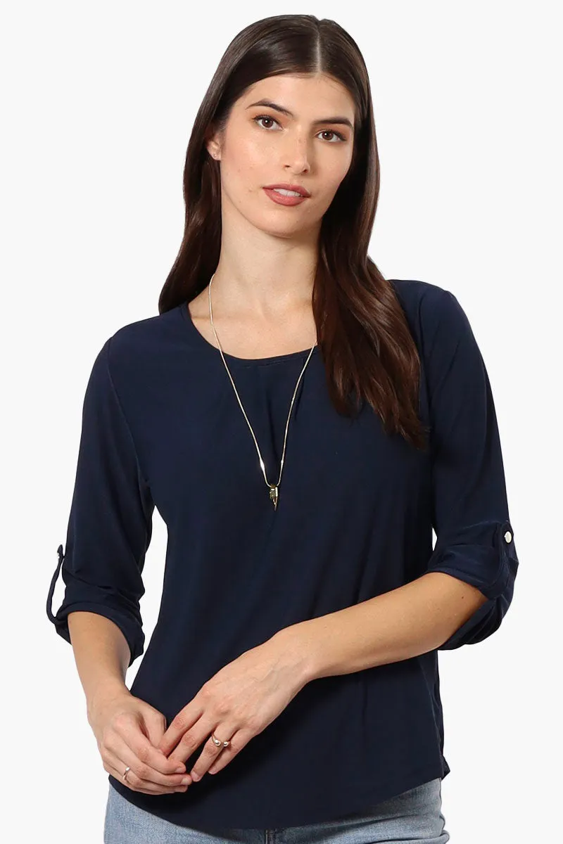 Beechers Brook Solid Roll Up Sleeve Necklace Blouse - Navy