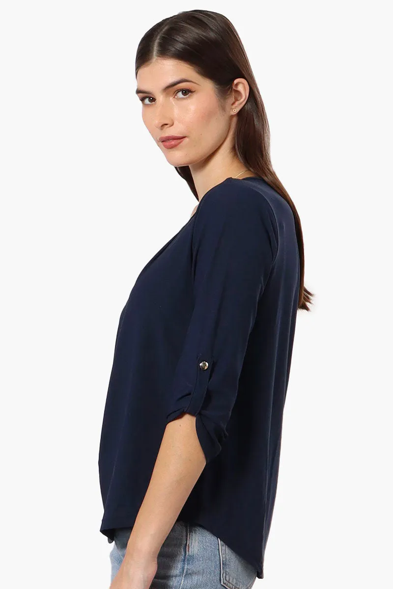 Beechers Brook Solid Roll Up Sleeve Necklace Blouse - Navy