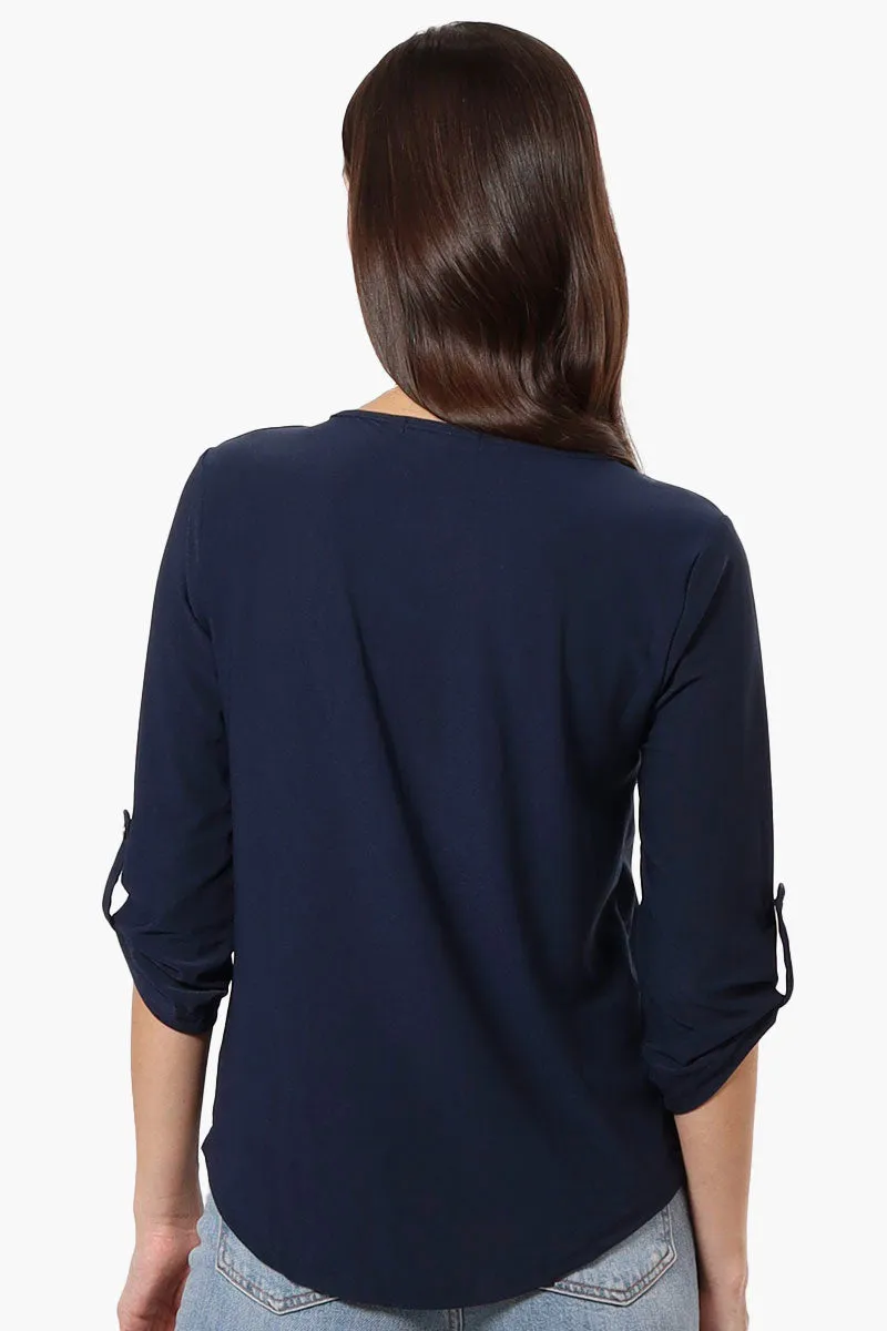 Beechers Brook Solid Roll Up Sleeve Necklace Blouse - Navy