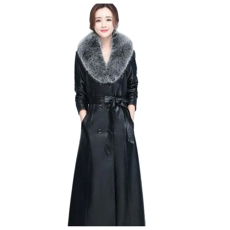 BELLA Design Women's Fine Fashion Long Luxury Designer Leather Navy Blue Plush Fur Coat Jacket