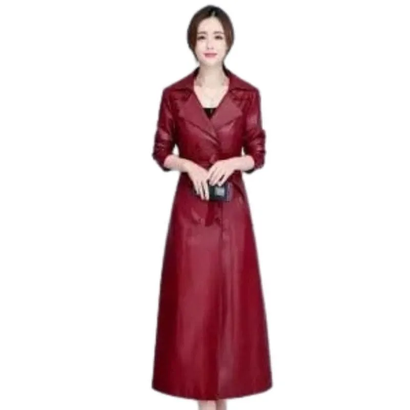 BELLA Design Women's Fine Fashion Long Luxury Designer Leather Red Blazer Trench Coat Jacket