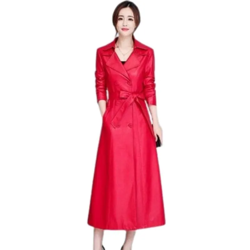 BELLA Design Women's Fine Fashion Long Luxury Designer Leather Red Blazer Trench Coat Jacket