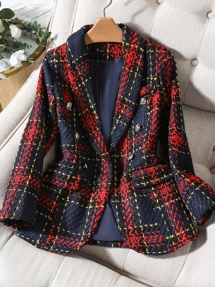 CAROLINE SUITS Women's Elegant Stylish Fashion Office Professional Woven Plaid Navy Blue & Red Plaid Blazer Jacket