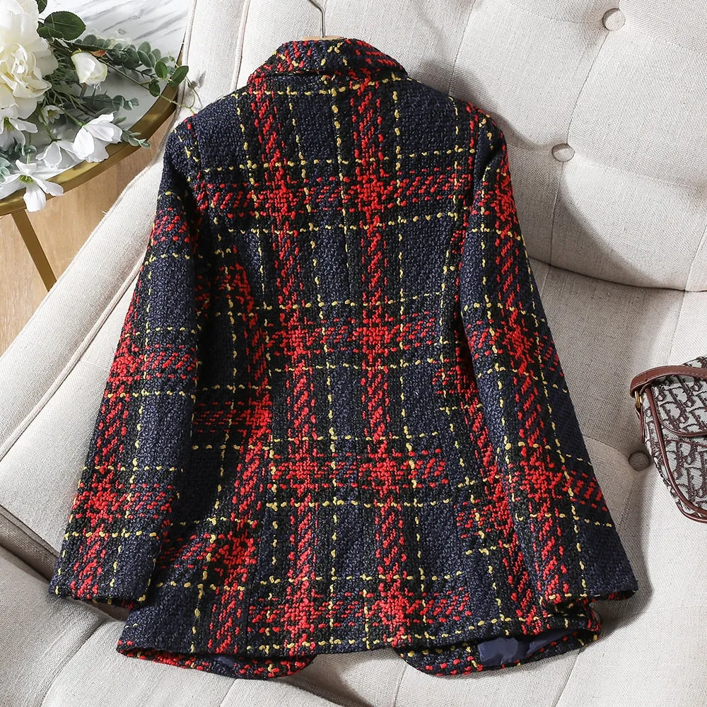 CAROLINE SUITS Women's Elegant Stylish Fashion Office Professional Woven Plaid Navy Blue & Red Plaid Blazer Jacket