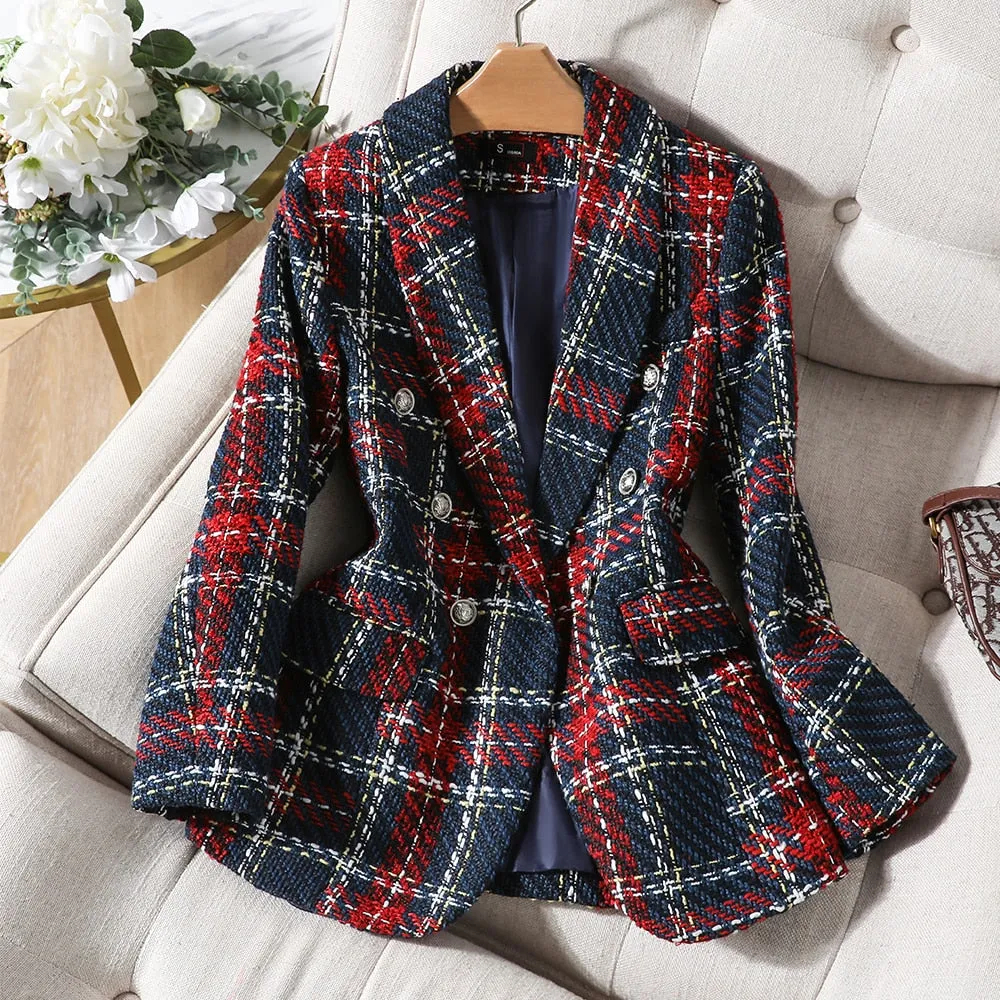 CAROLINE SUITS Women's Elegant Stylish Fashion Office Professional Woven Plaid Navy Blue & Red Plaid Blazer Jacket