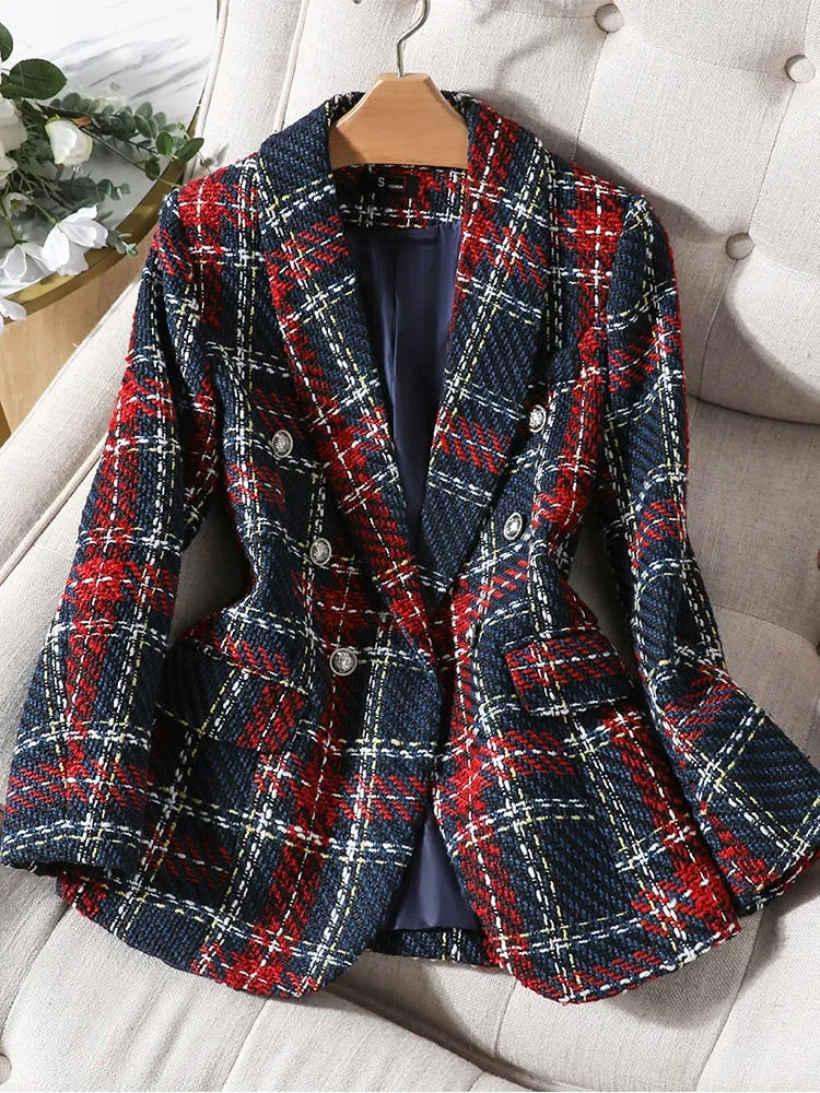 CAROLINE SUITS Women's Elegant Stylish Fashion Office Professional Woven Plaid Navy Blue & Red Plaid Blazer Jacket