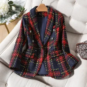 CAROLINE SUITS Women's Elegant Stylish Fashion Office Professional Woven Plaid Navy Blue & Red Plaid Blazer Jacket