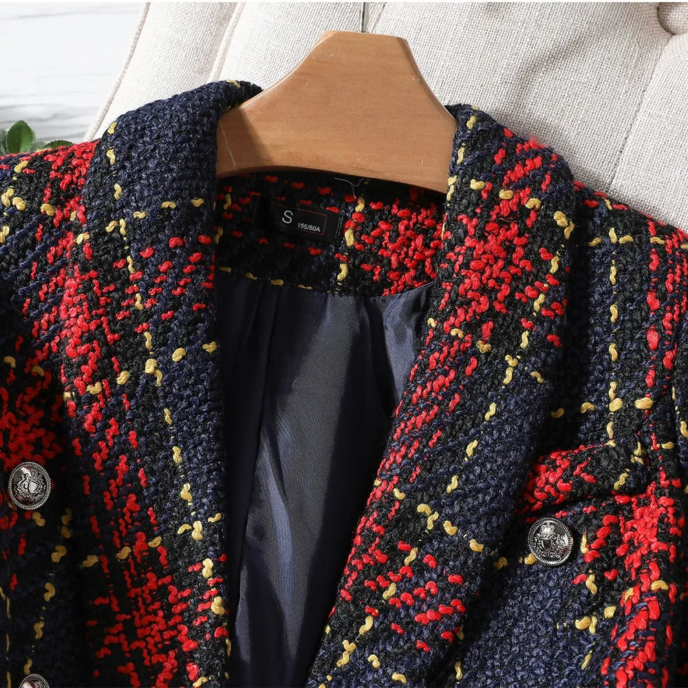 CAROLINE SUITS Women's Elegant Stylish Fashion Office Professional Woven Plaid Navy Blue & Red Plaid Blazer Jacket