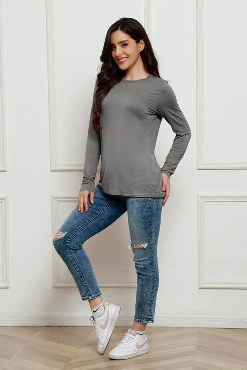 Chic Plus Size Long Sleeve Round Neck Polyester Blouse