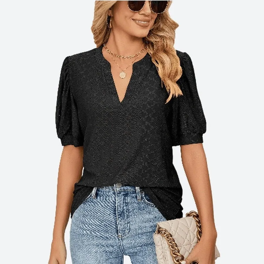 Chic Puff Sleeve V-Neck Blouses