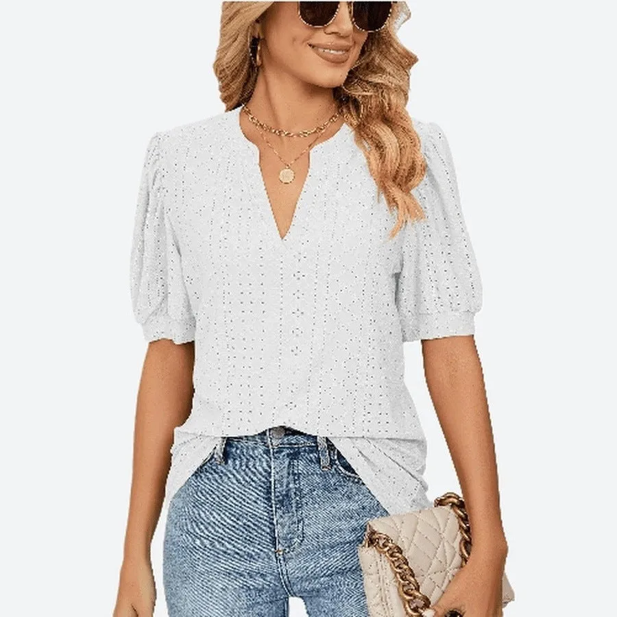 Chic Puff Sleeve V-Neck Blouses