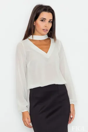 Chic Sash-Embellished Blouse with Unique Cheese Neckline and Fashionable Sleeves