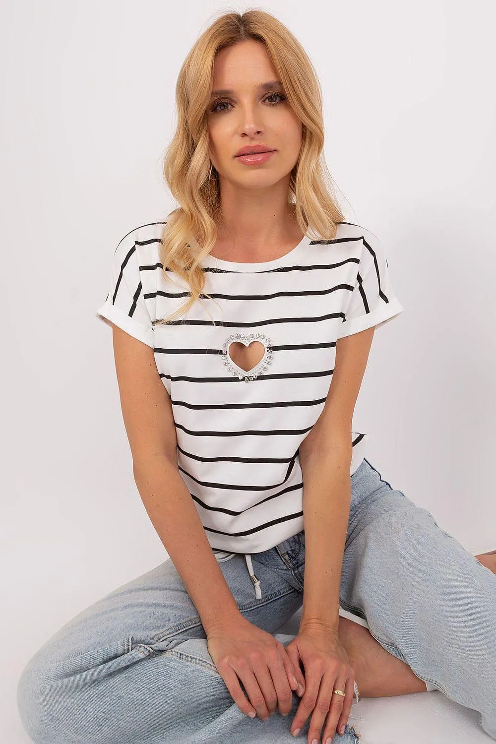 Chic Striped Blouse with Heart Rhinestone Detail