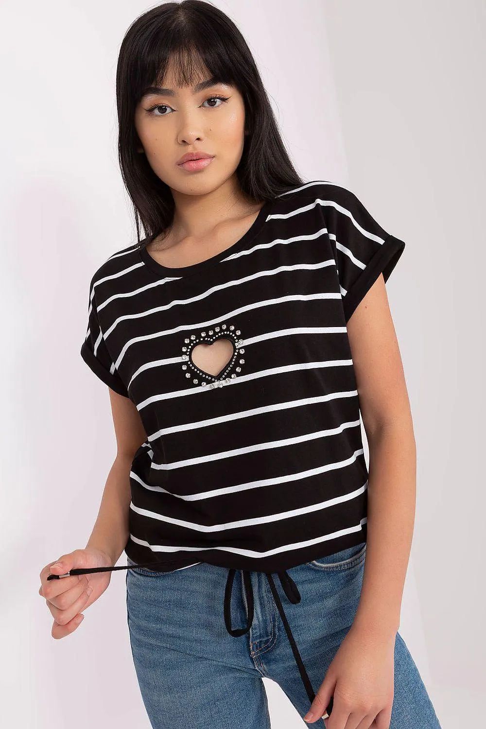 Chic Striped Blouse with Heart Rhinestone Detail