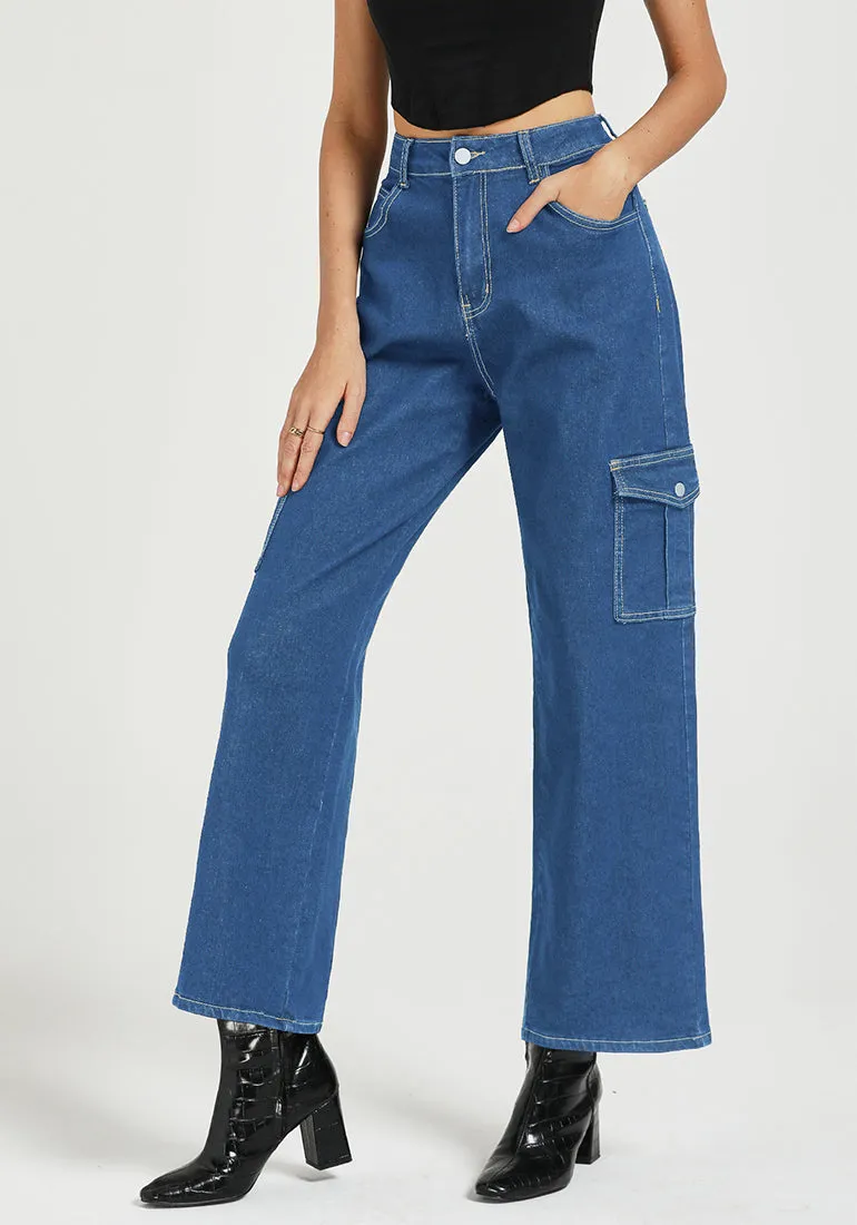 Classic Blue Women's Cargo Denim Relaxed Fit Y2K Wide Leg Pants