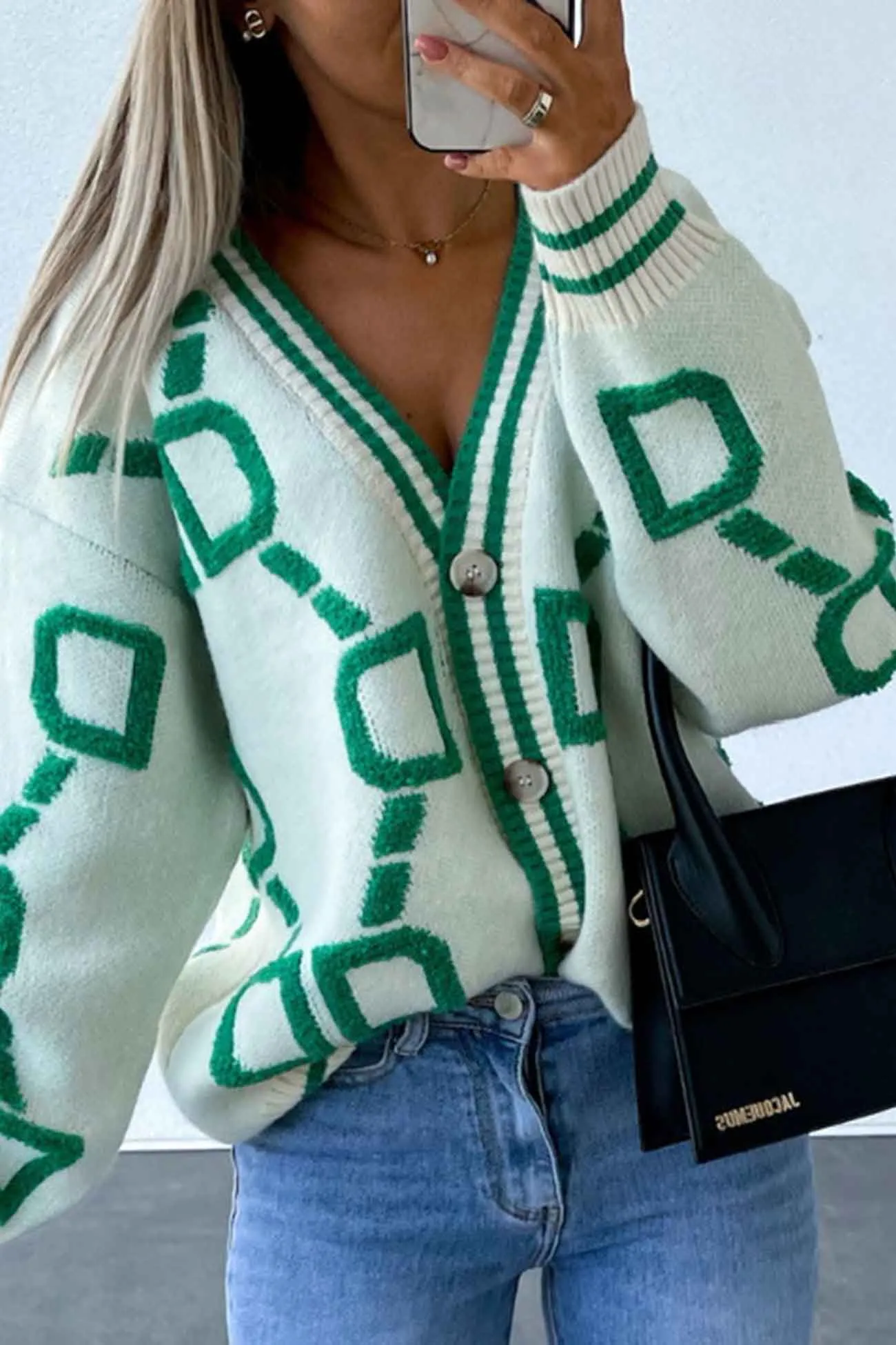 Contrast Letter Long Sleeve Knitted Cardigan