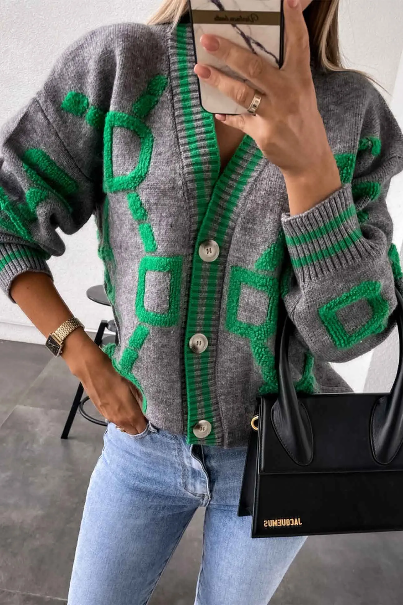 Contrast Letter Long Sleeve Knitted Cardigan