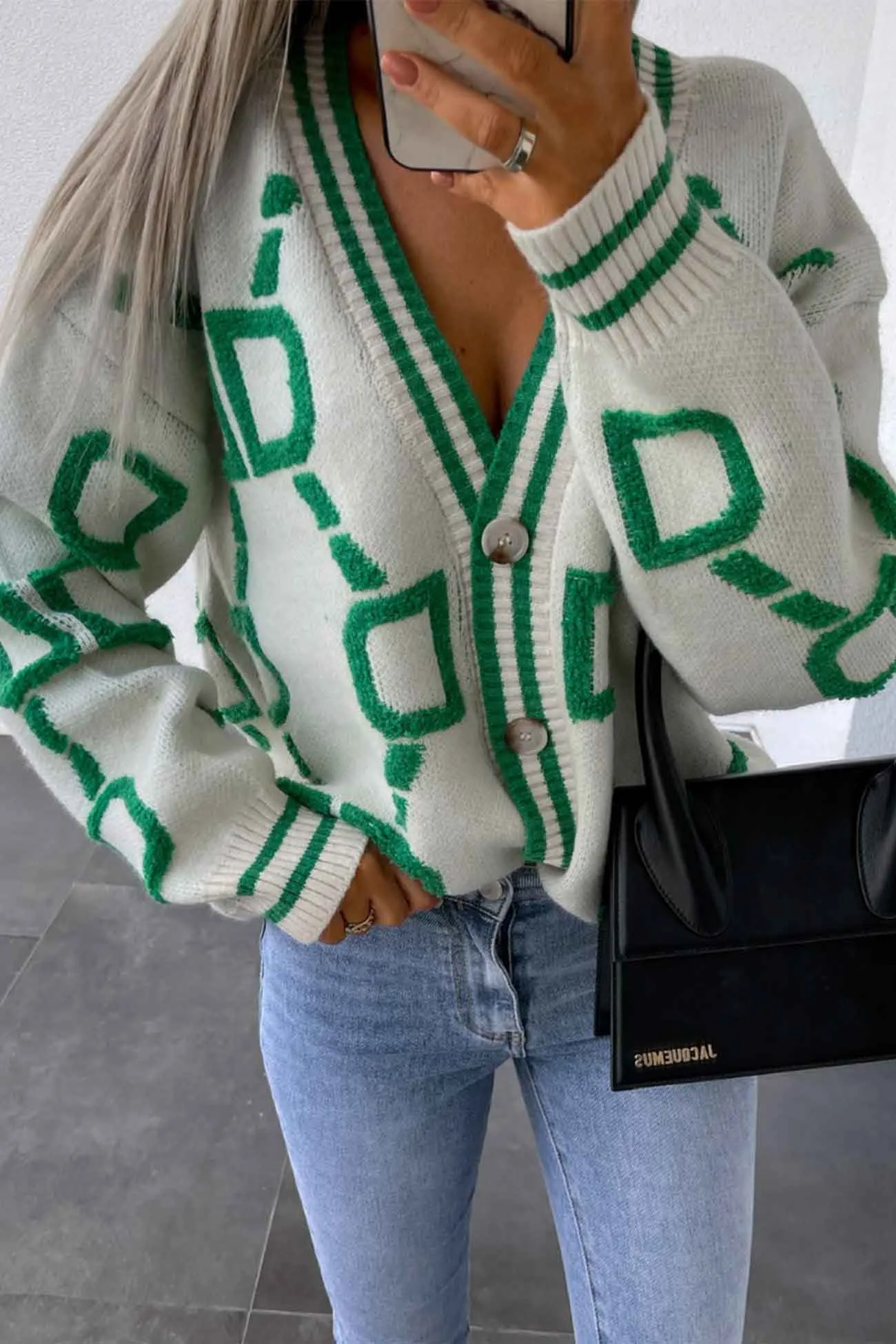 Contrast Letter Long Sleeve Knitted Cardigan