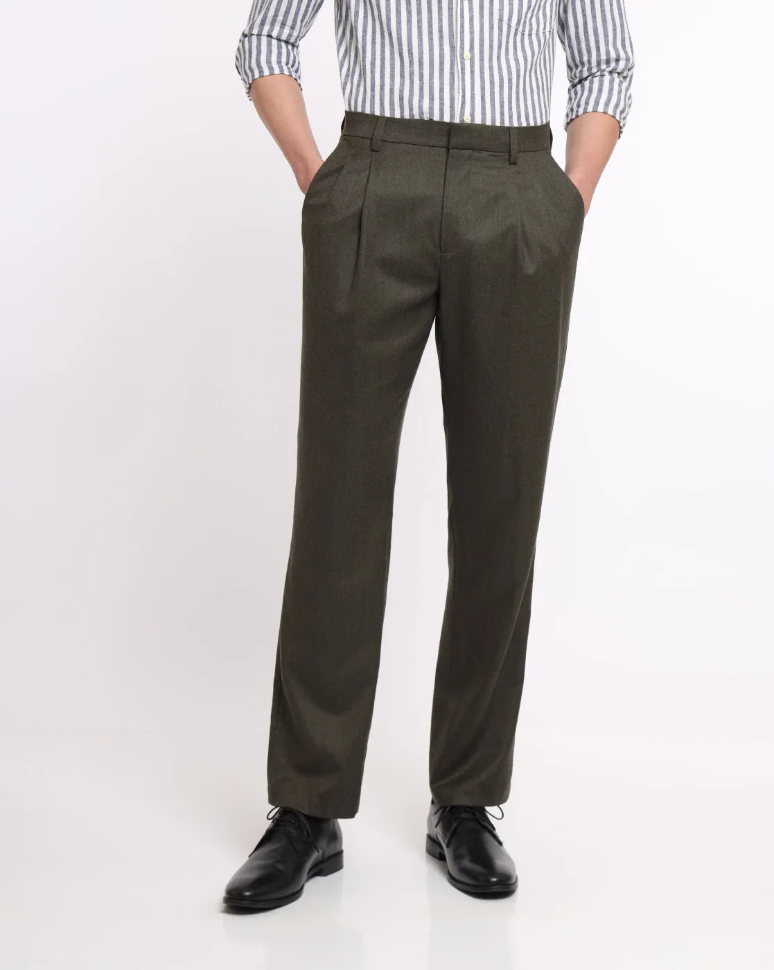 Double Pleated Wool Pants - Olive