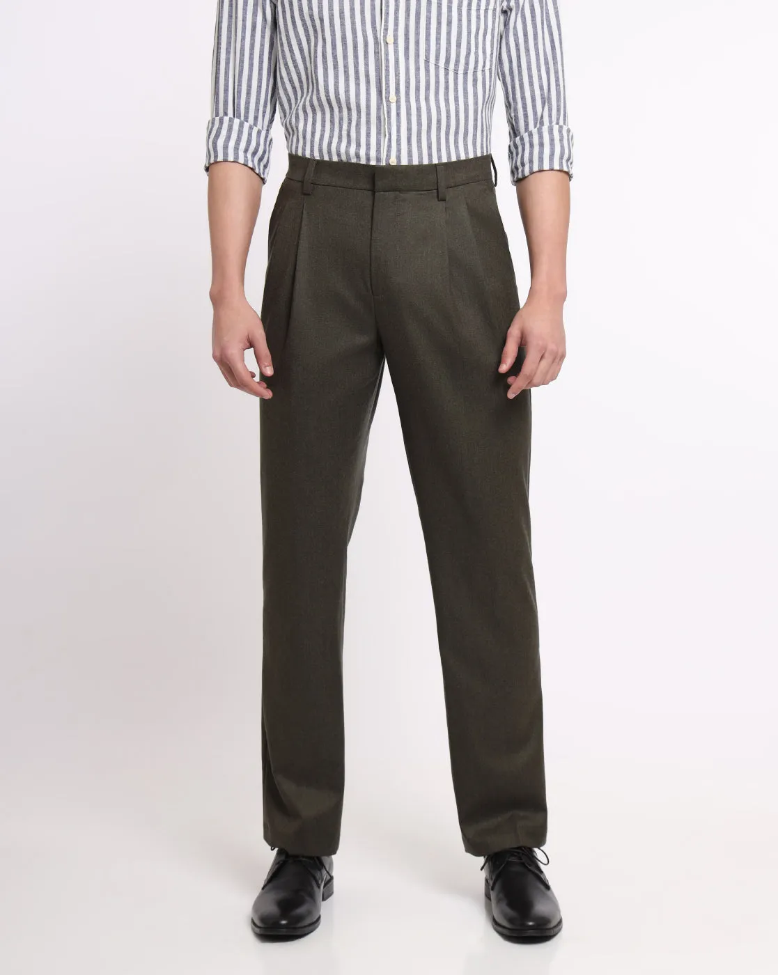 Double Pleated Wool Pants - Olive