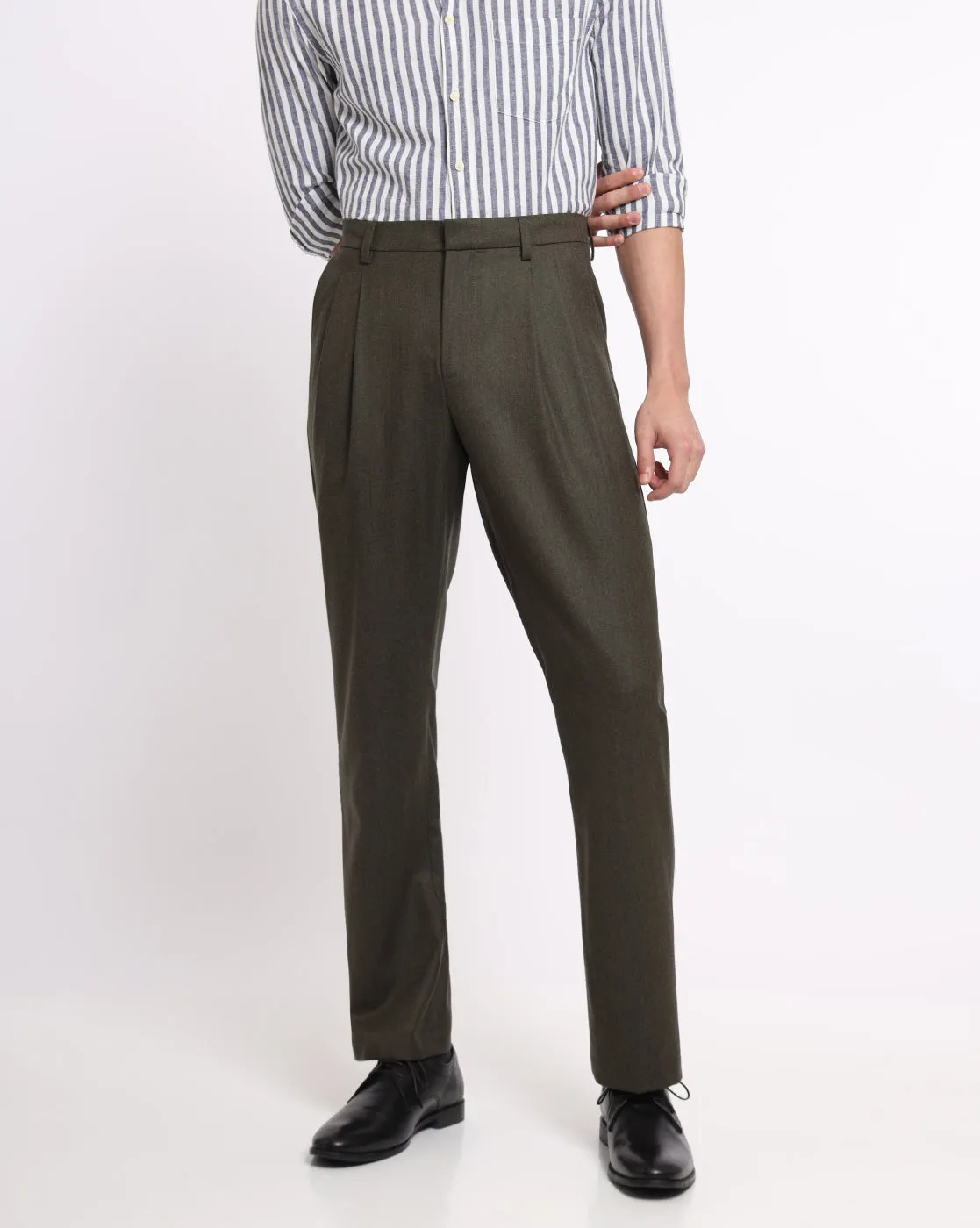 Double Pleated Wool Pants - Olive