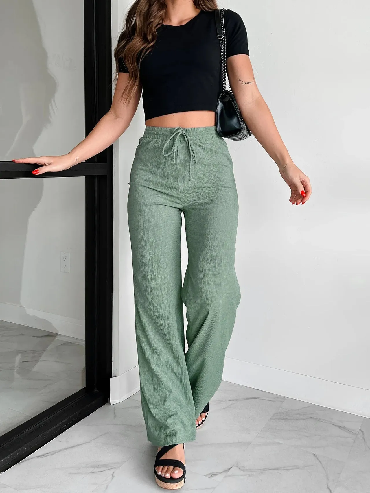 Drawstring Solid Color Straight Pants