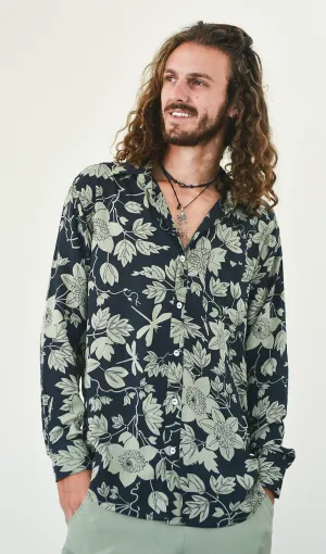 Eco-Rayon Button Down - Passion flower Lichen Indigo