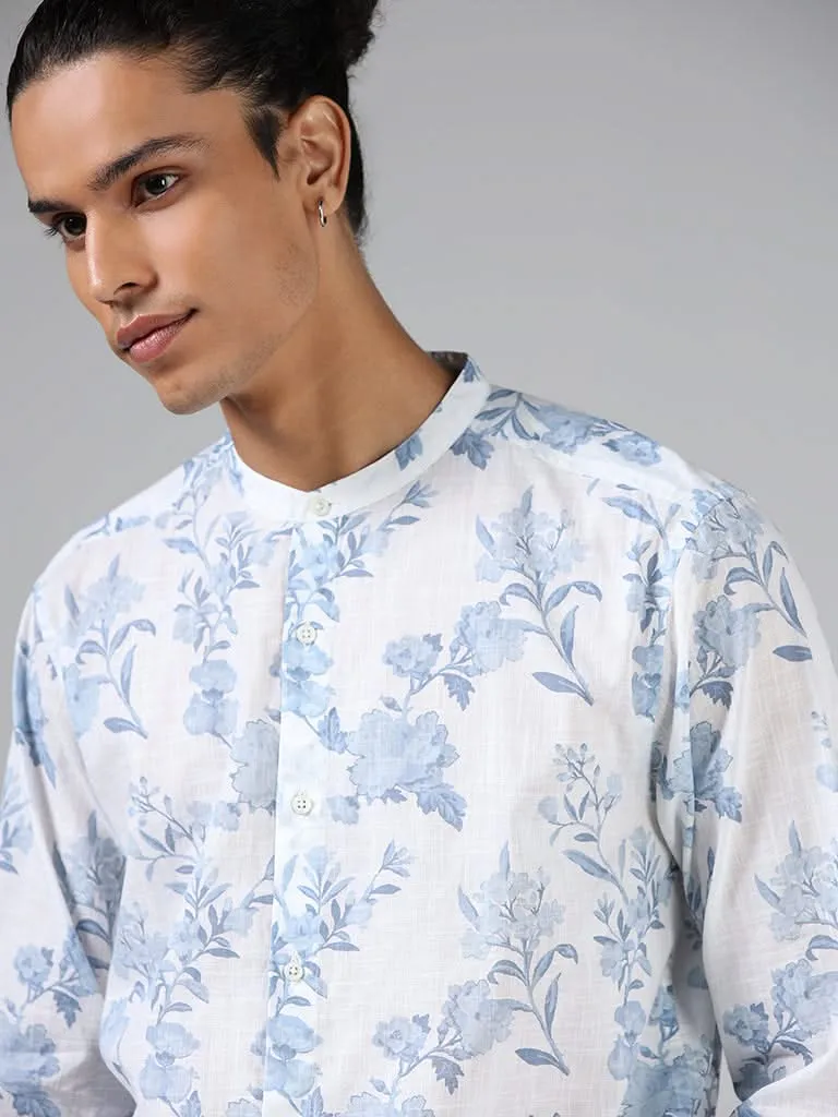 ETA White & Blue Floral Printed Resort-Fit Shirt