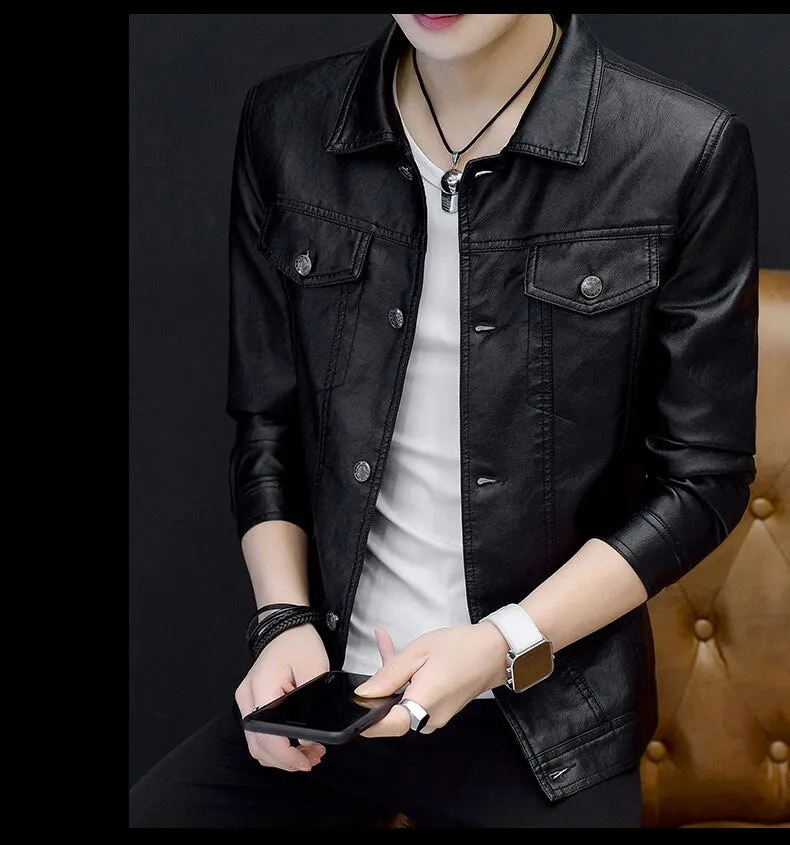 Fashion Men's PU Jackets Coats Turn-Down Collar Trendy Motorcycle Leather Jacket