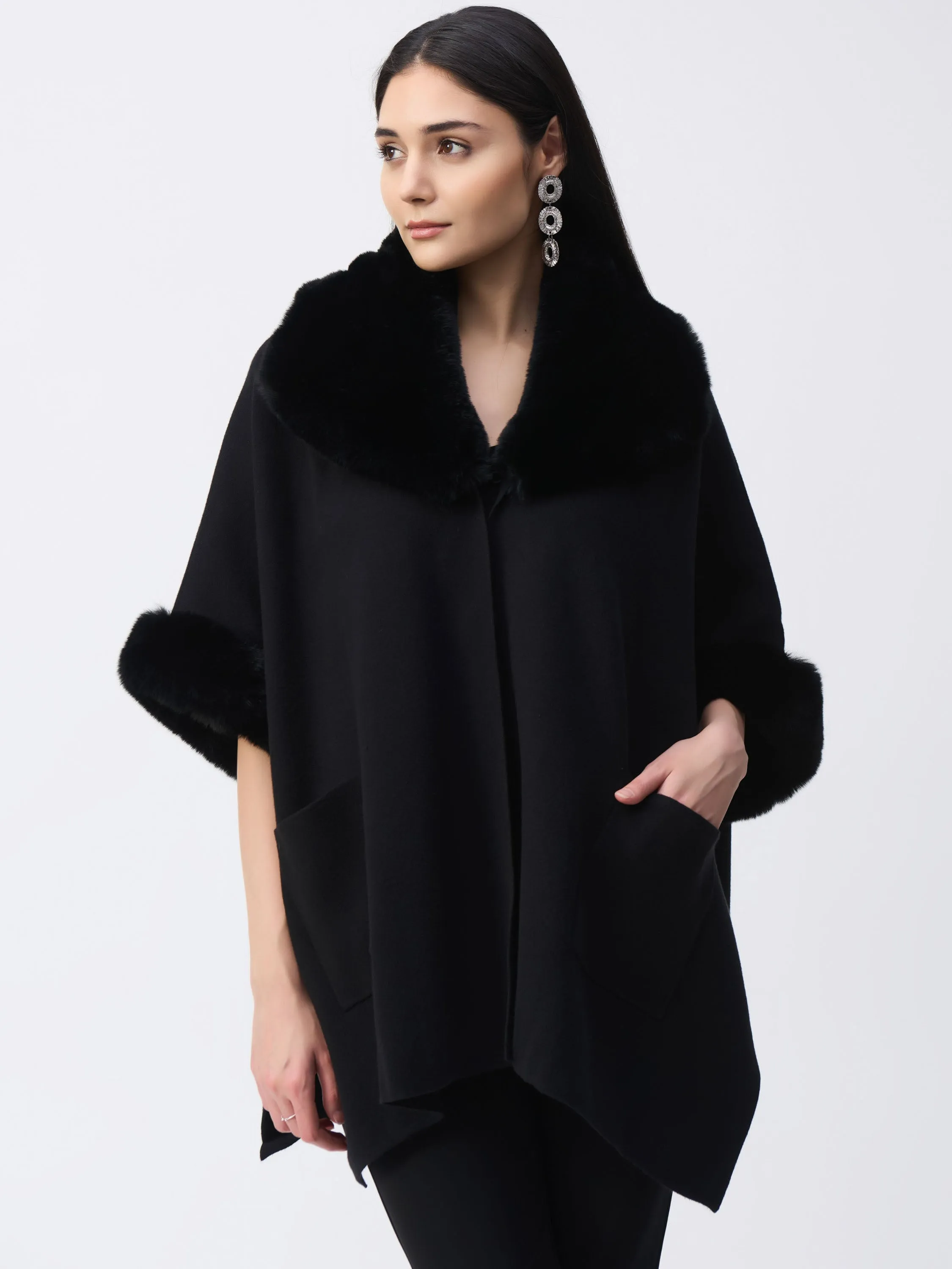 Faux Fur Trim Cape, Black