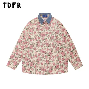 Flower Full Print Long Sleeve Casual Shirts with Spliced Lapel