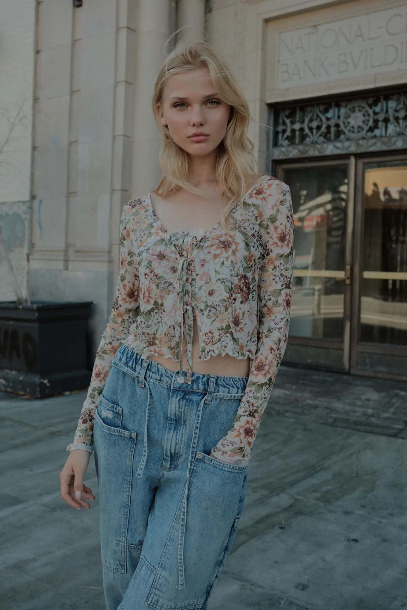 Garden Blossoms Floral Mesh Layered Tie-Front Top