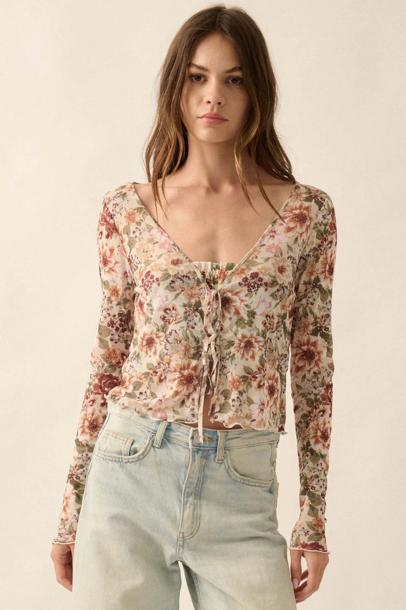 Garden Blossoms Floral Mesh Layered Tie-Front Top