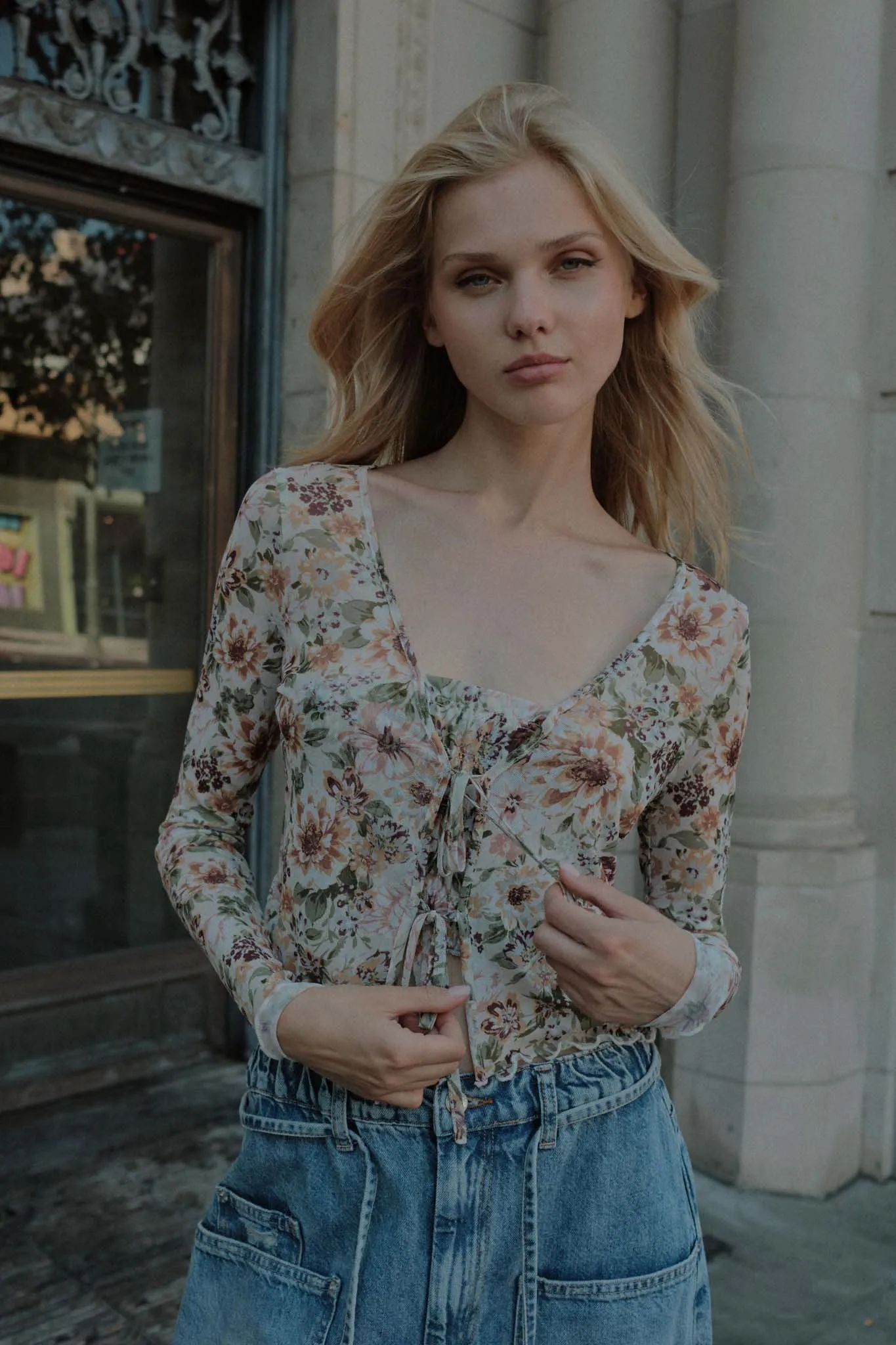 Garden Blossoms Floral Mesh Layered Tie-Front Top