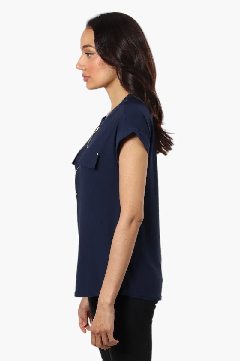 International INC Company Front Zip Cap Sleeve Blouse - Navy