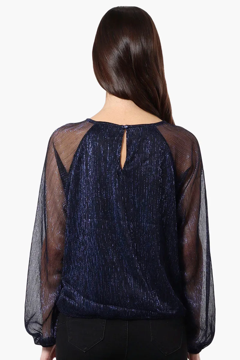 Limite Sheer Sleeve Lurex Keyhole Blouse - Navy