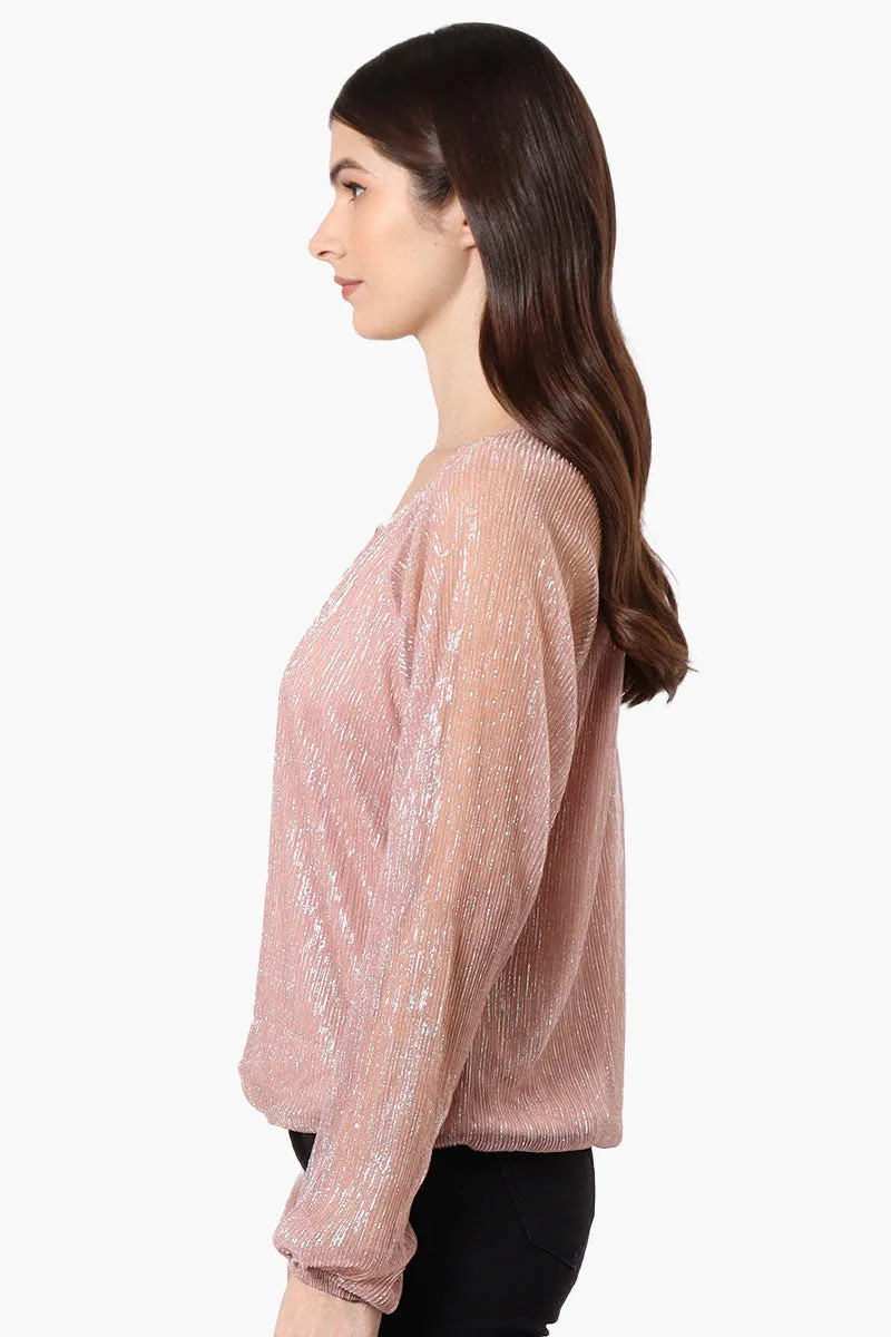 Limite Sheer Sleeve Lurex Keyhole Blouse - Pink