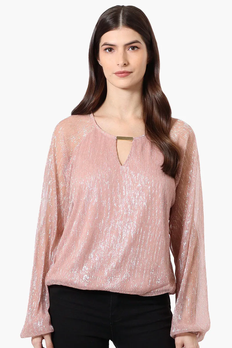 Limite Sheer Sleeve Lurex Keyhole Blouse - Pink