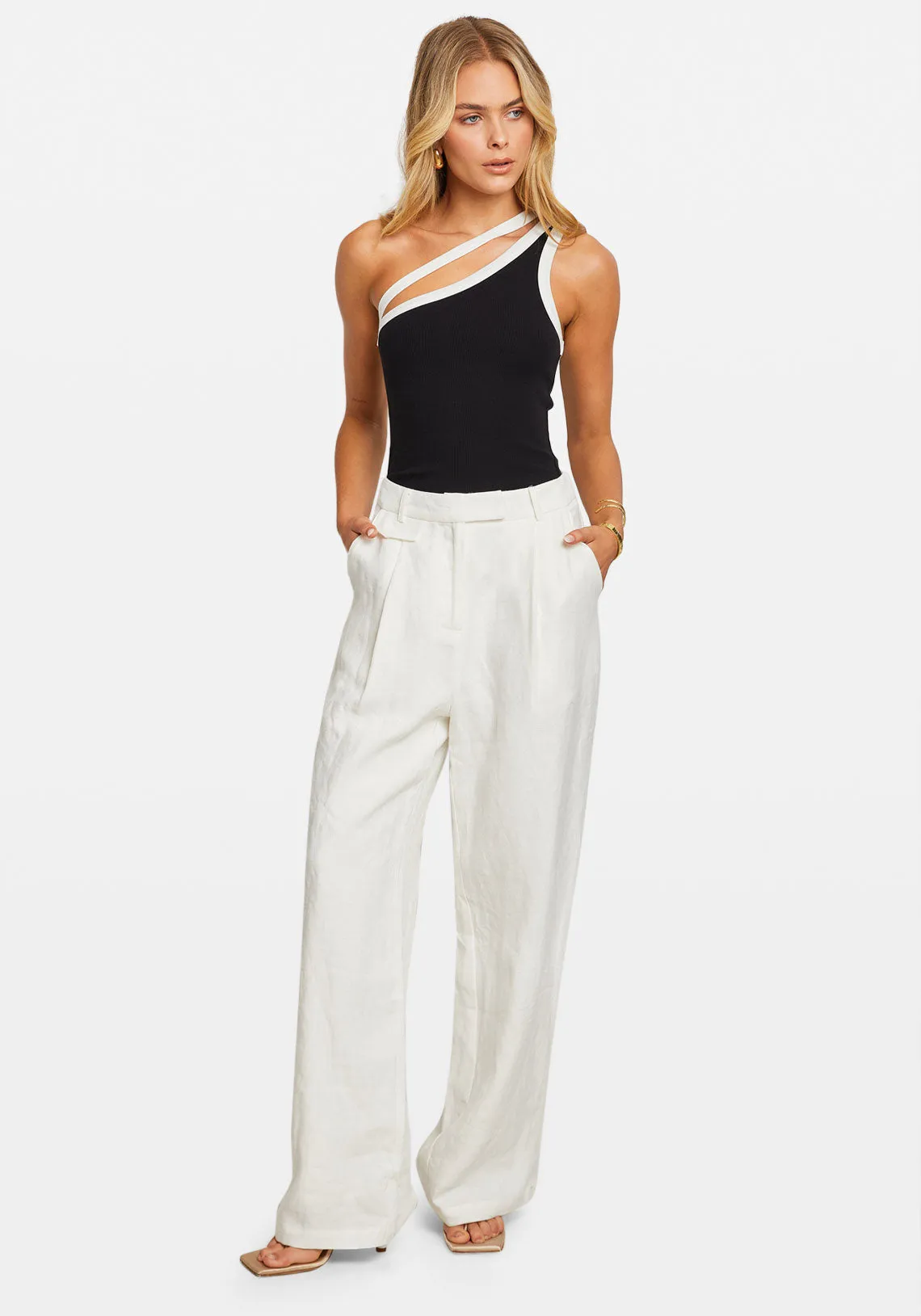 LINEN HIGH RISE TAILORED PANT WHITE