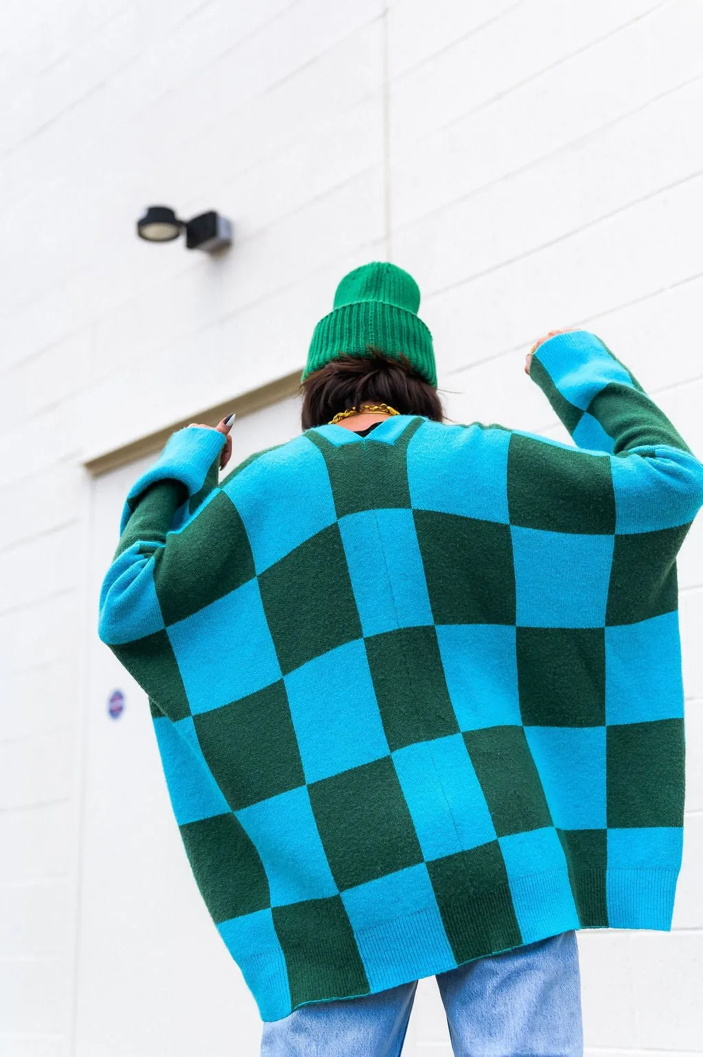 Emerald and Sky Oversized Checkerboard Cardigan - Love You