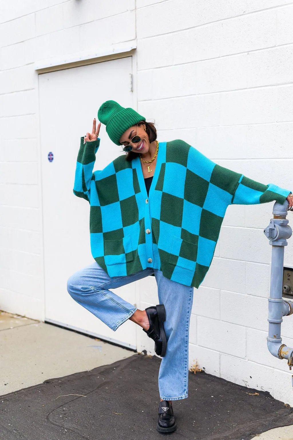 Emerald and Sky Oversized Checkerboard Cardigan - Love You