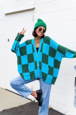 Emerald and Sky Oversized Checkerboard Cardigan - Love You