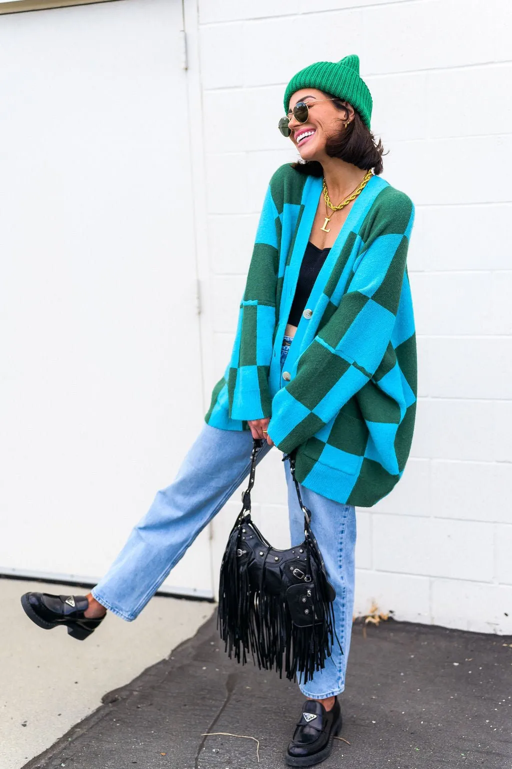 Emerald and Sky Oversized Checkerboard Cardigan - Love You