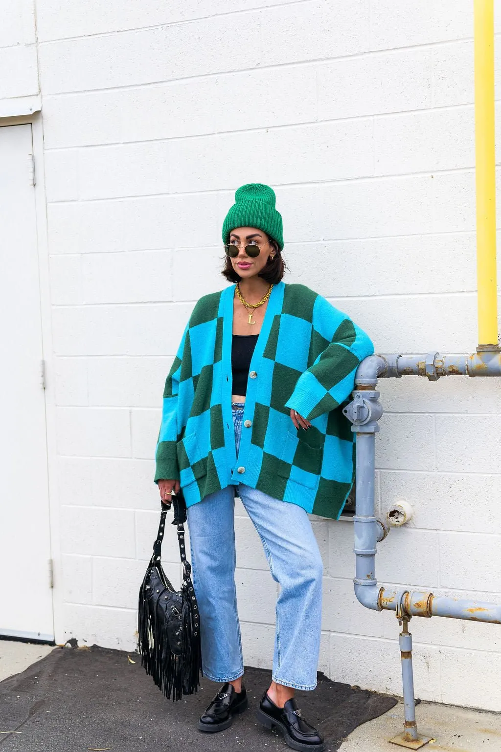 Emerald and Sky Oversized Checkerboard Cardigan - Love You