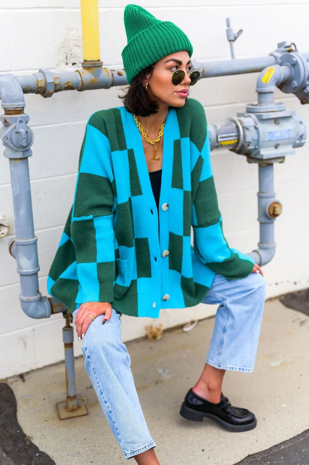 Emerald and Sky Oversized Checkerboard Cardigan - Love You