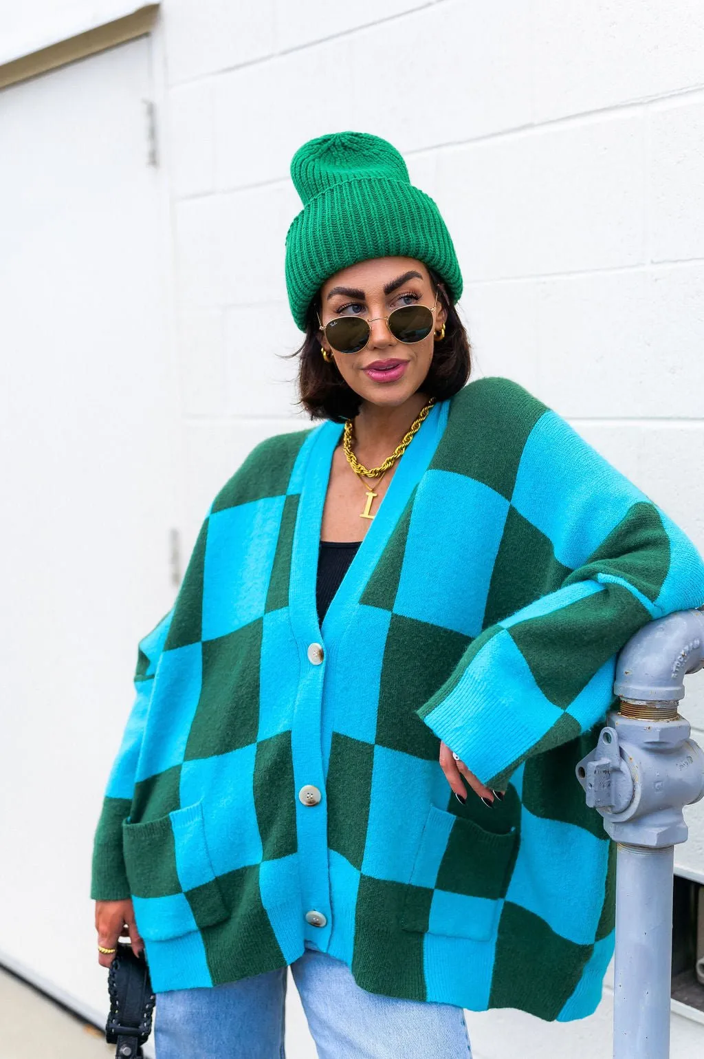 Emerald and Sky Oversized Checkerboard Cardigan - Love You