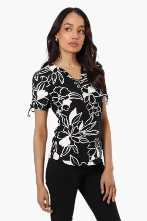 Majora Floral Front Tie Short Sleeve Shirt - Black