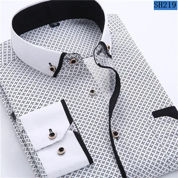 Mens Formal Business Long Sleeved Slim Fit Printed Shirt